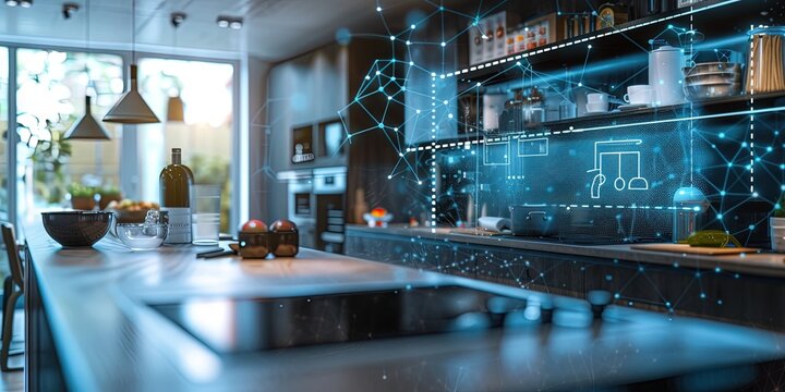 Smart kitchen concept with digital data augmented reality overlay on a modern kitchen design with appliances on the counter