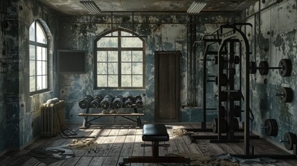 Old gym interior with equipment