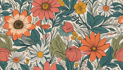 Colorful vintage flower art seamless pattern illustration. Organic hand drawn floral garden background with psychedelic style nature collage. Trendy spring print of abstract retro flowers.