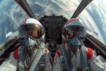 Two people soar through the clouds, encased in pressure suits, experiencing the thrill of outdoor flight