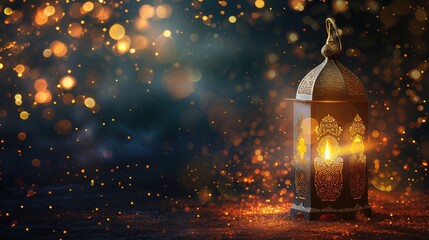 Ornamental Arabic lantern with burning candle glowing at night and glittering golden bokeh lights. Festive greeting card, invitation for Muslim holy month Ramadan Kareem. Dark background. - obrazy, fototapety, plakaty
