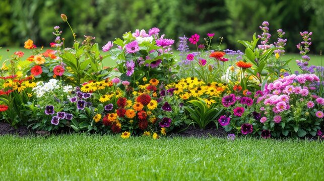 multicolored flowerbed on a lawn. horizontal shot