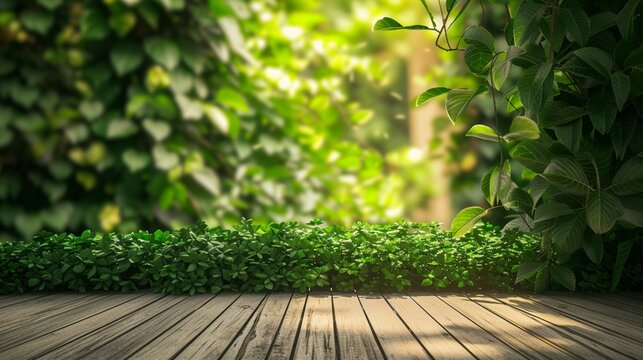 Green leaves wall background and brown wooden floor.