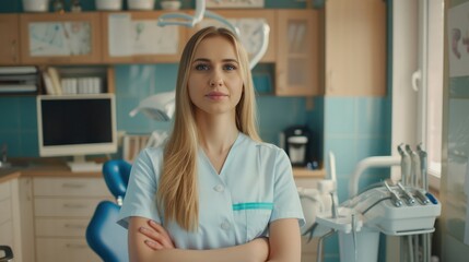Fototapeta premium Portrait of female dentist .She standing in her dentist office.
