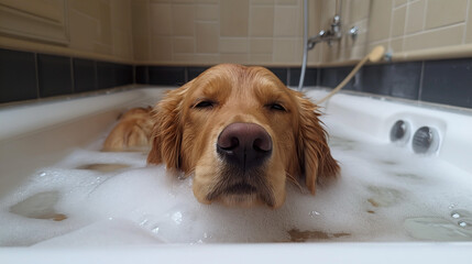 A Golden Retriever exudes a sense of deep relaxation and contentment while submerged in a foamy bath, with its eyes gently closed and a serene expression