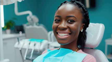 Satisfied dentist patient showing her perfect smile after treatment in a clinic box with medical equipment in the background - obrazy, fototapety, plakaty
