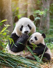 Obraz premium Panda bear with her baby bear eating bamboo shoots