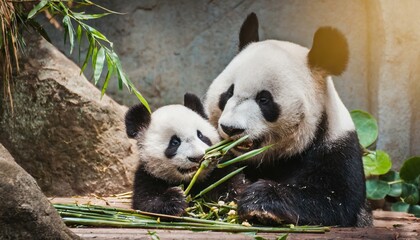 Fototapeta premium Panda bear with her baby bear eating bamboo shoots