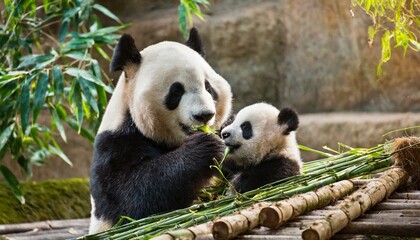 Fototapeta premium Panda bear with her baby bear eating bamboo shoots