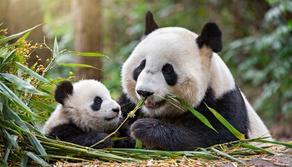 Panda bear with her baby bear eating bamboo shoots