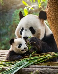 Fototapeta premium Panda bear with her baby bear eating bamboo shoots