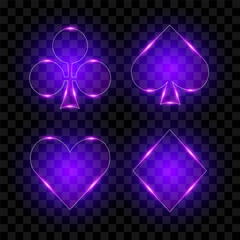 Playing cards symbols, purple neon shape, vector illustration. - obrazy, fototapety, plakaty