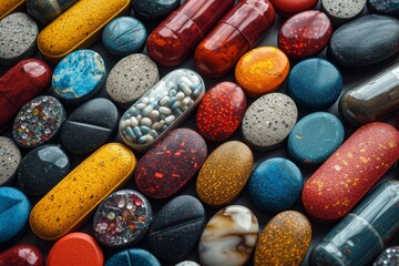 A vibrant array of colorful pills displayed indoors, creating a mesmerizing work of art - obrazy, fototapety, plakaty