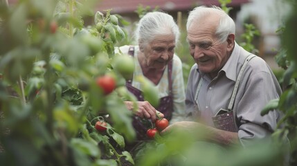 Senior adult couple picking vegetable from backyard garden