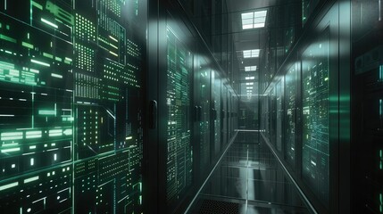 Shot of Corridor in Working Data Center Full of Rack Servers and Supercomputers with High Speed Inernet Visualization Projection.