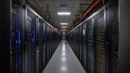 Shot of Corridor in Working Data Center Full of Rack Servers and Supercomputers with High Internet Visualisation Projection.