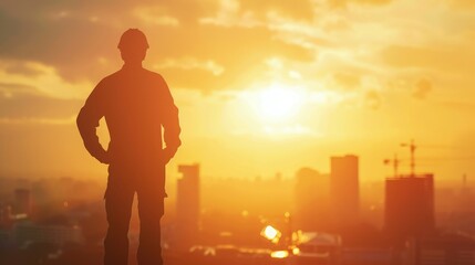Fototapeta premium Silhouette engineer standing orders for construction crews to work on high ground heavy industry and safety concept over blurred natural background sunset pastel
