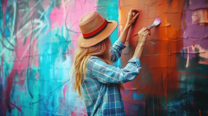 Street artist painting colorful graffiti on wall. Modern urban art concept