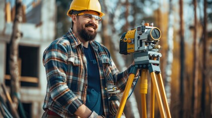 Surveyor builder Engineer with theodolite transit equipment at construction site outdoors during surveying work - obrazy, fototapety, plakaty