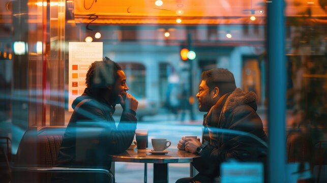 Two multi ethnic friends enjoying coffee together in a coffee shop viewed through glass with reflections as they sit at a table chatting and laughing