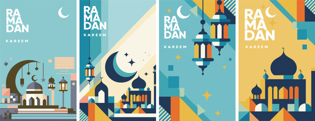 Ramadan Kareem, featuring geometric representations of mosques, crescent moons, stars, lanterns, and traditional Islamic architecture in a modern, abstract design with a vibrant color palette.