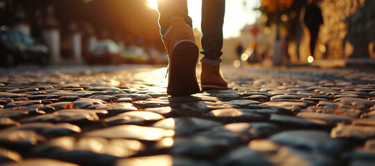 Legs of a young man walking on the stony street. Bright afternoon sunshine. Ground level viewpoint