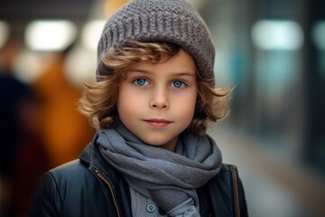 Portrait of a cute little boy in a cap and scarf.