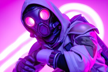 In a world of vibrant hues, a mysterious cartoon character dons a magenta and violet gas mask, hiding their true identity behind a shield of purple clothing