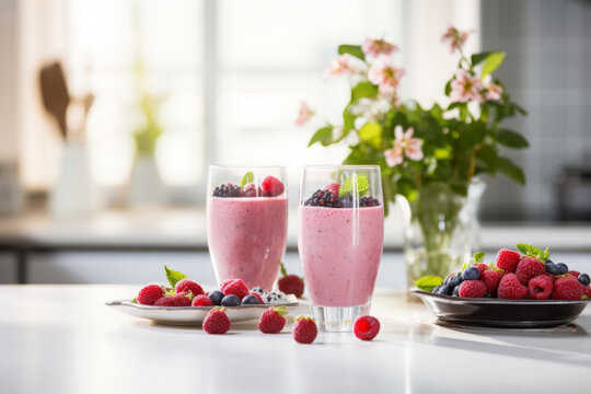 Berry smoothie in glasses in two glasses in white modern kitchen with fresh berries in white kitchen