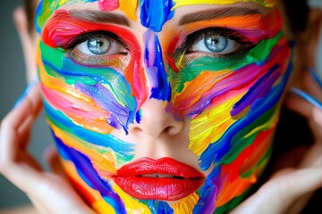 A vibrant woman's closeup portrait, adorned with colorful paint, captures the essence of artistic expression and radiates a bold and captivating energy through her piercing eyes