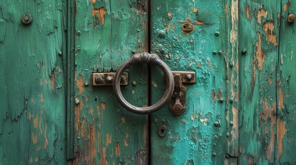Green-painted vintage wooden door with metal handle close up.