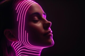 A striking portrait of a woman illuminated by vibrant pink lights, her lips and face aglow with magenta and violet hues, evoking a sense of artistry and the human experience