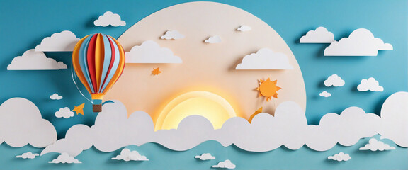 Cute papercut sky landscape background with white copy space. Hot air balloon, sun and clouds made in realistic paper craft art or origami style for baby nursery, children design.