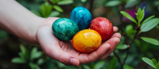Fototapeta na wymiar A person is holding four colorful Easter eggs in their hands, with the vibrant hues of electric blue, grass green, glass yellow, and fashion accessory pink.