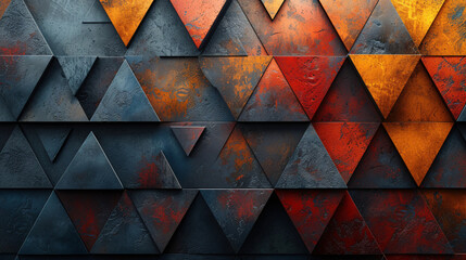  Colorful 3D triangles on a textured wall, creating a vibrant, abstract art piece