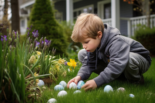 Little cute boy looking for Easter colored eggs, Easter egg hunt on the lawn in the backyard