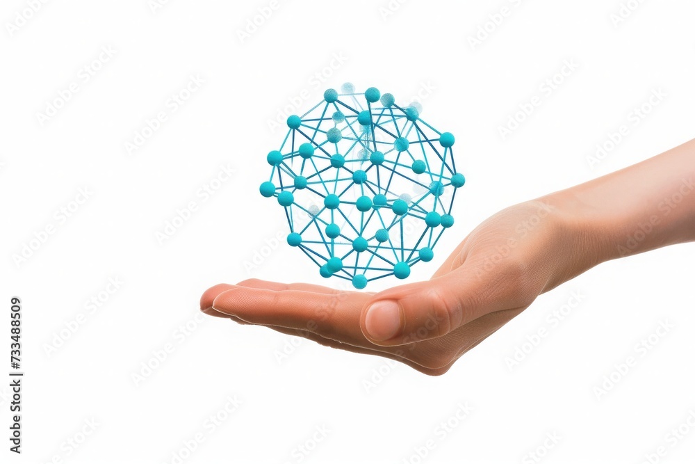 Poster digital synthesis: a human hand gently cradling a floating blue network sphere, symbolizing the inte