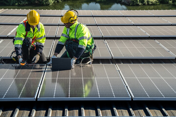 Worker Technicians are working to construct solar panels system on roof. Installing solar photovoltaic panel system. Men technicians carrying photovoltaic solar modules on roof.