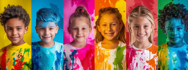 Colorful portraits of young children. Respect and celebrate the differences in all people. Creativity, art, sports.
