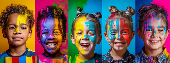 Colorful portraits of young children. Respect and celebrate the differences in all people. Creativity, art, sports.