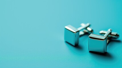 Metal cufflinks on blue background