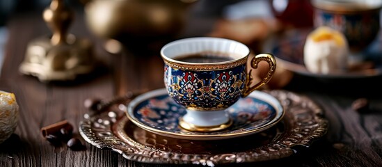 A porcelain coffee cup is resting on a matching saucer atop a wooden table, part of a beautiful set of tableware.