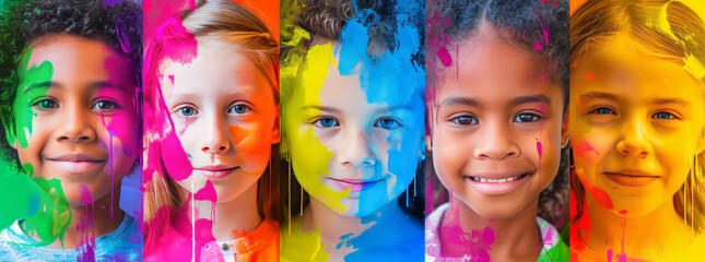Colorful portraits of young children. Respect and celebrate the differences in all people. Creativity, art, sports.