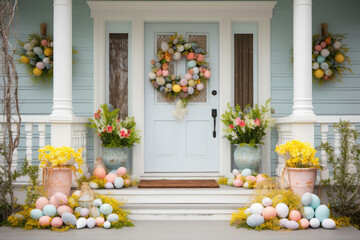 Front porch decorated for Easter with spring flowers and colored eggs, wreath on the door, pastel colors spring decorations - obrazy, fototapety, plakaty