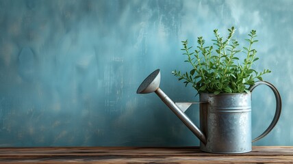 A vintage watering can with fresh green plants on a blue backdrop