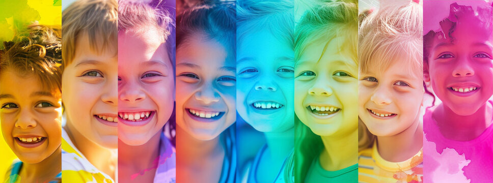 Colorful portraits of young children. Respect and celebrate the differences in all people. Creativity, art, sports.
