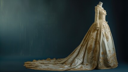 An elegant wedding gown on a mannequin with a long train - obrazy, fototapety, plakaty