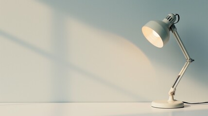 Desk lamp casting a warm light and shadow on a white wall