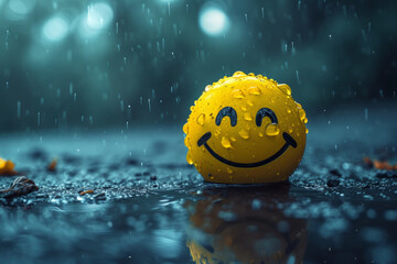 Yellow smiley emoticon in the rain. Staying positive even in hard times. - obrazy, fototapety, plakaty