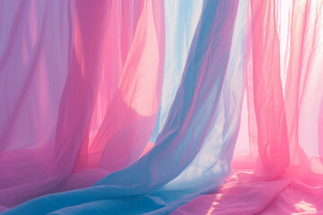 Aesthetic backdrop of pink and blue tulle. Retro fashion concept.